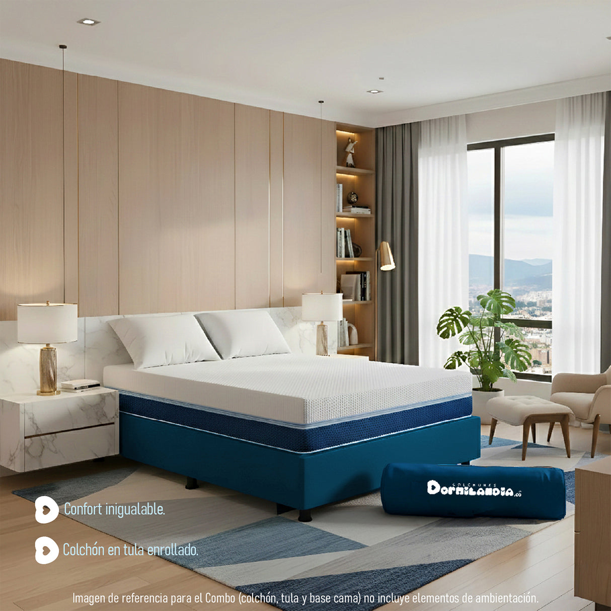 Combo Base Cama y Colchón Enrollado Multisleep Blanco y Azul Semidoble 120 X 190 Cm Firmeza Medio Doble Faz
