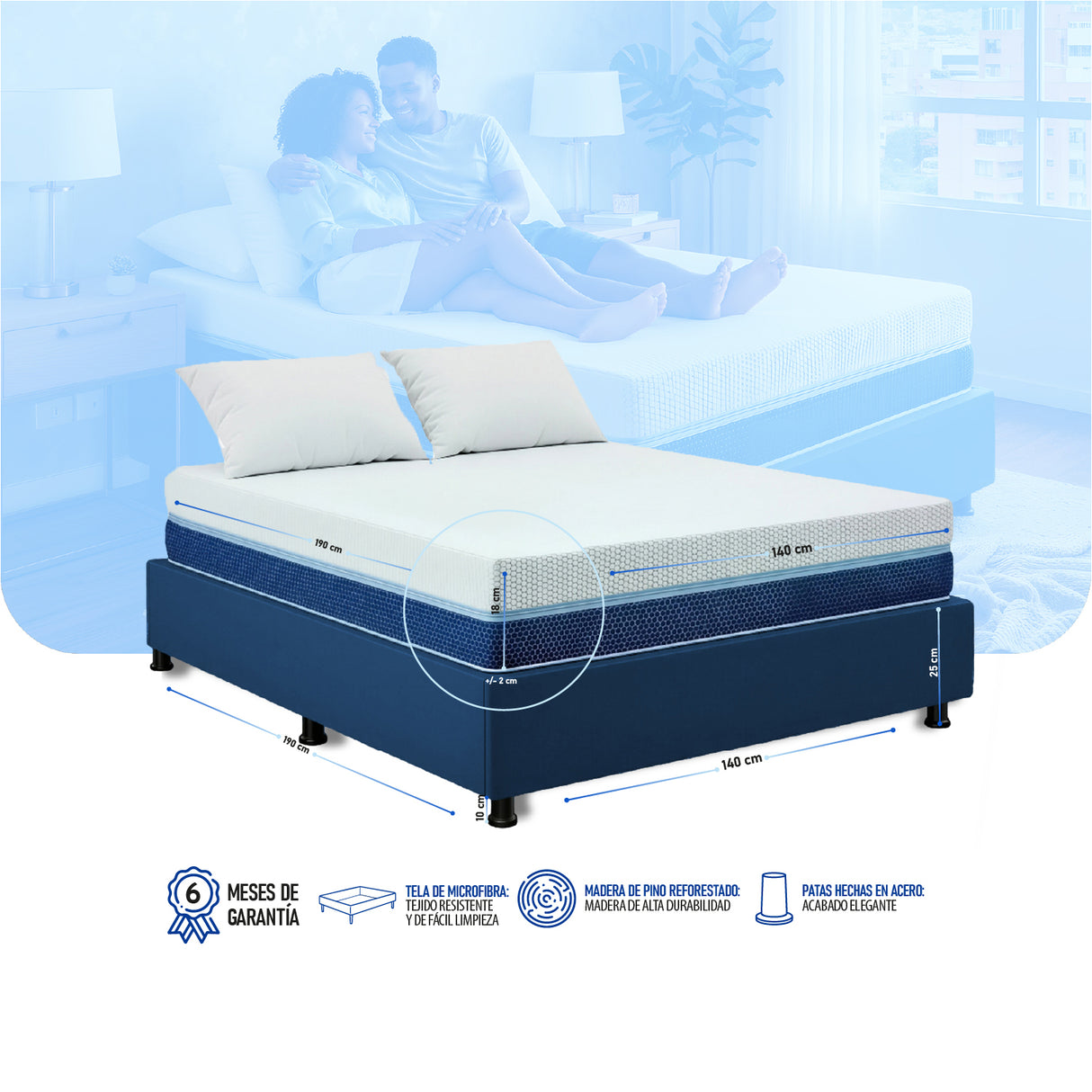 Combo Base Cama y Colchón Multisleep Blanco y Azul Doble 140 X 190 Cm Firmeza Medio Doble Faz - COLCHONES | Bylmo