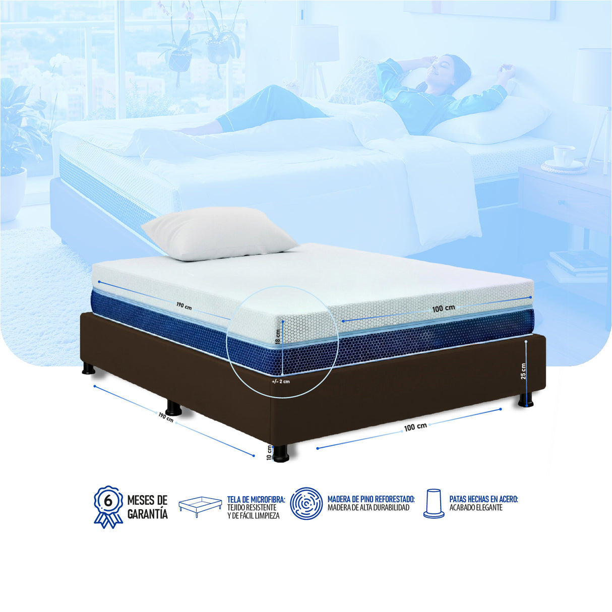 Combo Base Cama y Colchón Multisleep Blanco y Cafe Sencillo 100 X 190 Cm Firmeza Medio Doble Faz - COLCHONES | Bylmo