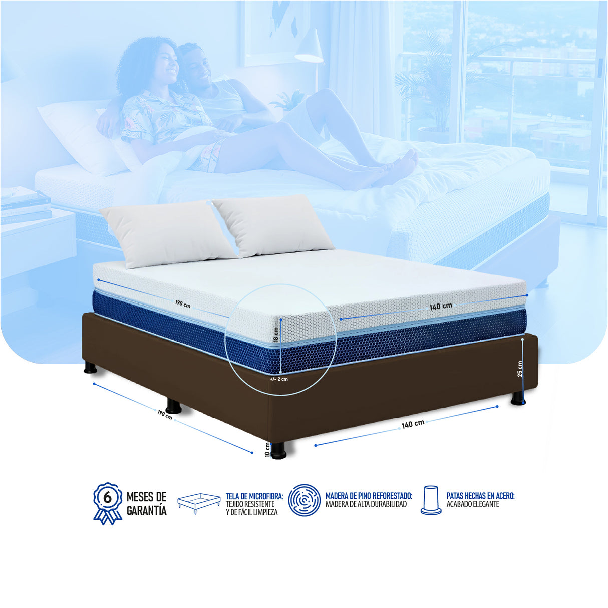 Combo Base Cama y Colchón Multisleep Blanco y Cafe Doble 140 X 190 Cm Firmeza Medio Doble Faz - COLCHONES | Bylmo