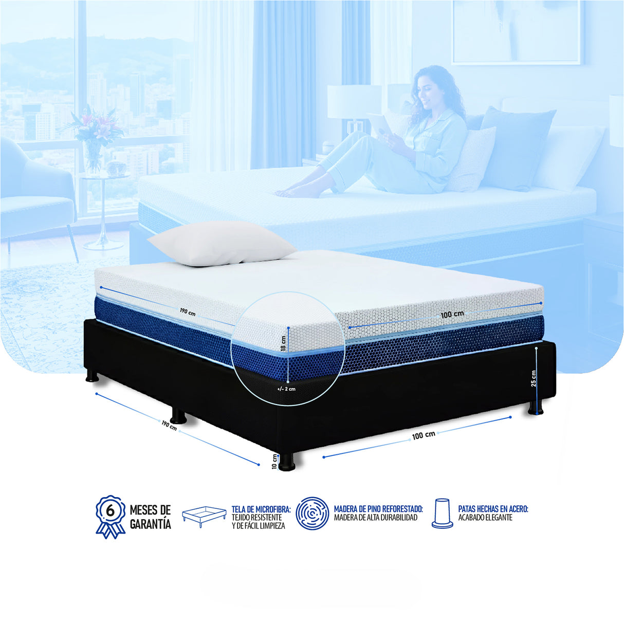 Combo Base Cama y Colchón Enrollado Multisleep Blanco y Negro Sencillo 100 X 190 Cm Firmeza Medio Doble Faz