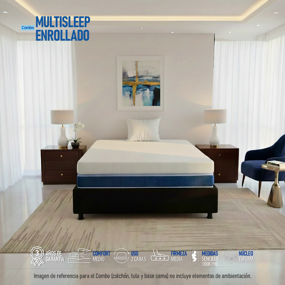 Combo Base Cama y Colchón Multisleep Blanco y Negro Sencillo 100 X 190 Cm Firmeza Medio Doble Faz - COLCHONES | Bylmo