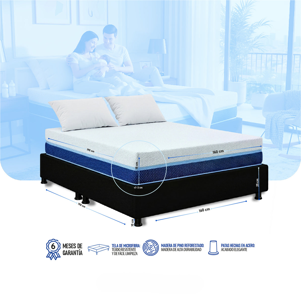 Combo Base Cama y Colchón Enrollado Multisleep Blanco y Negro Queen 160 X 190 Cm Firmeza Medio Doble Faz