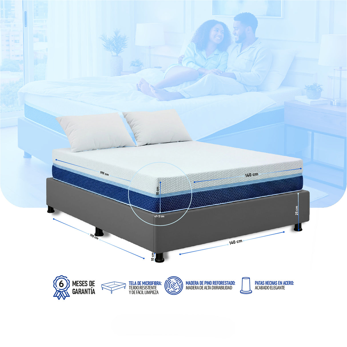 Combo Base Cama y Colchón Enrollado Multisleep Blanco y Gris Doble 140 X 190 Cm Firmeza Medio Doble Faz