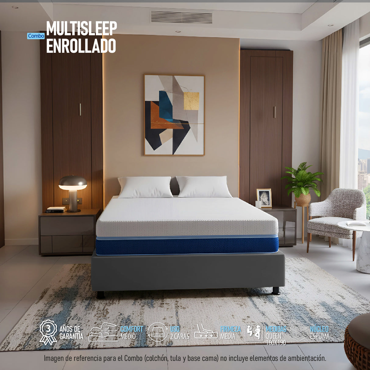 Combo Base Cama y Colchón Multisleep Blanco y Gris Queen 160 X 190 Cm Firmeza Medio Doble Faz - COLCHONES | Bylmo