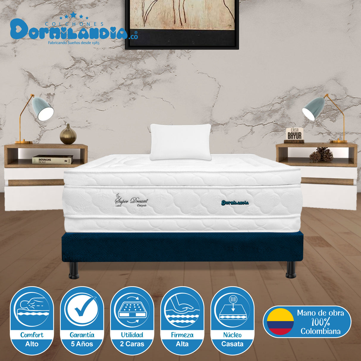 Combo Base Cama y Colchón Super Dream Blanco y Azul Sencillo 100 X 190 Cm Firmeza Firme Doble Faz - COLCHONES | Bylmo