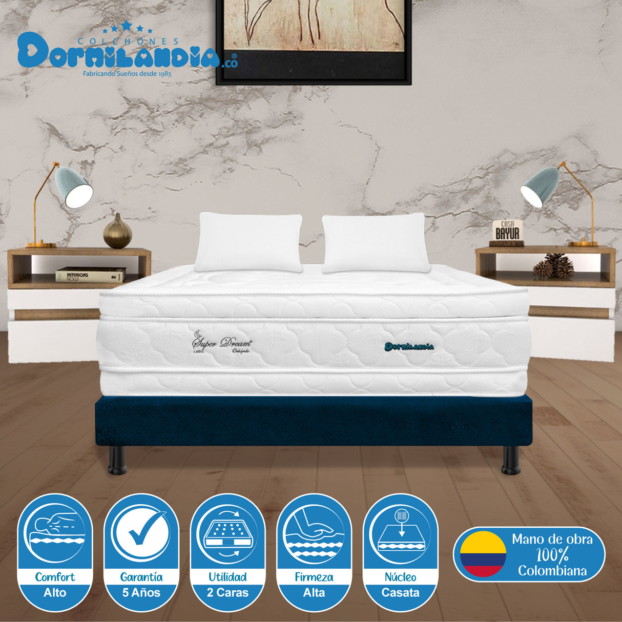 Combo Base Cama y Colchón Super Dream Blanco y Azul Doble 140 X 190 Cm Firmeza Firme Doble Faz - COLCHONES | Bylmo