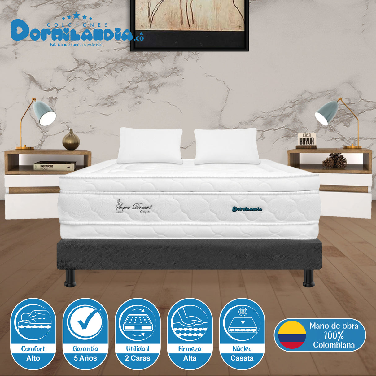 Combo Base Cama y Colchón Super Dream Blanco y Gris Doble 140 X 190 Cm Firmeza Firme Doble Faz - COLCHONES | Bylmo