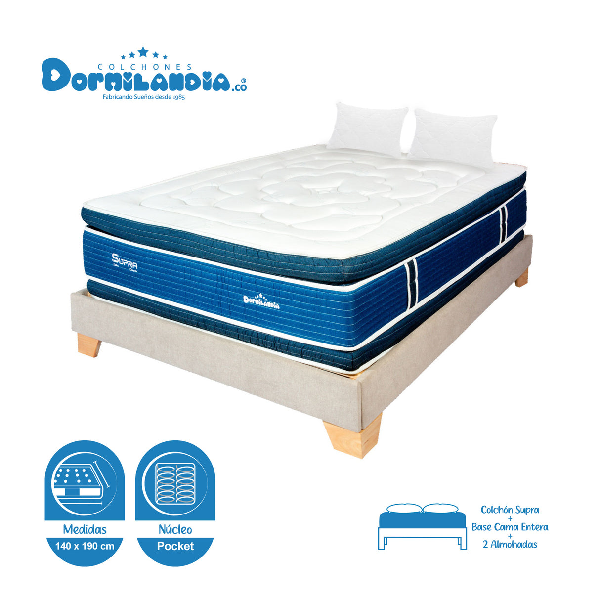 Combo Base Cama y Colchón Supra Azul y Arena Doble 140 X 190 Cm Firmeza Medio Doble Faz - COLCHONES | Bylmo