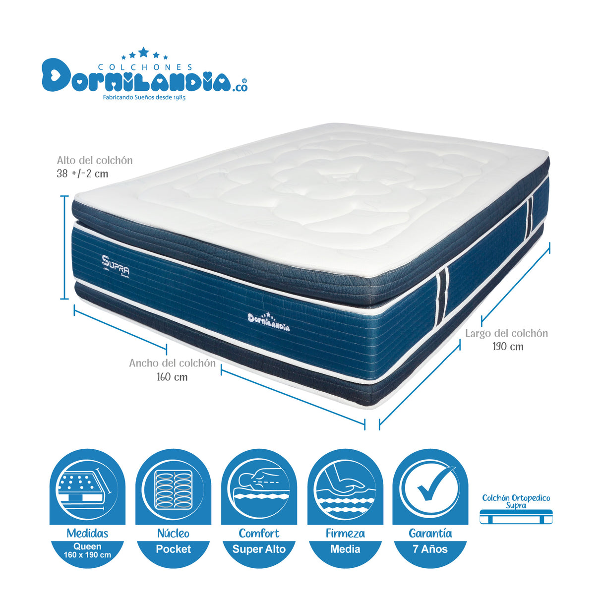Combo Base Cama y Colchón Supra Azul Queen 160 X 190 Cm Firmeza Medio Doble Faz - COLCHONES | Bylmo