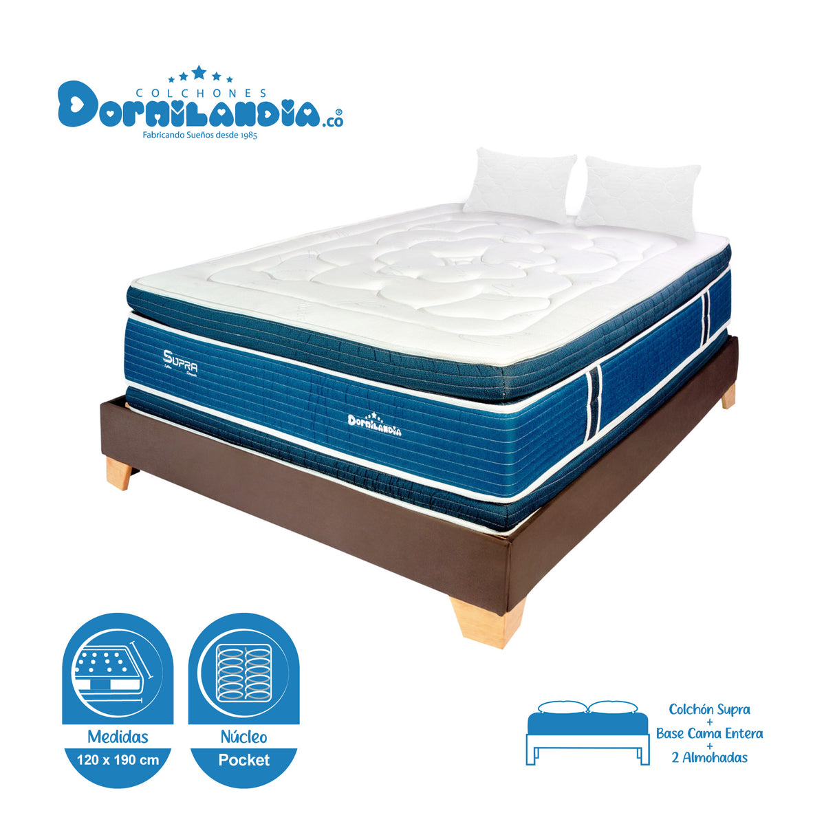 Combo Base Cama y Colchón Supra Azul y Cafe Semidoble 120 X 190 Cm Firmeza Medio Doble Faz - COLCHONES | Bylmo
