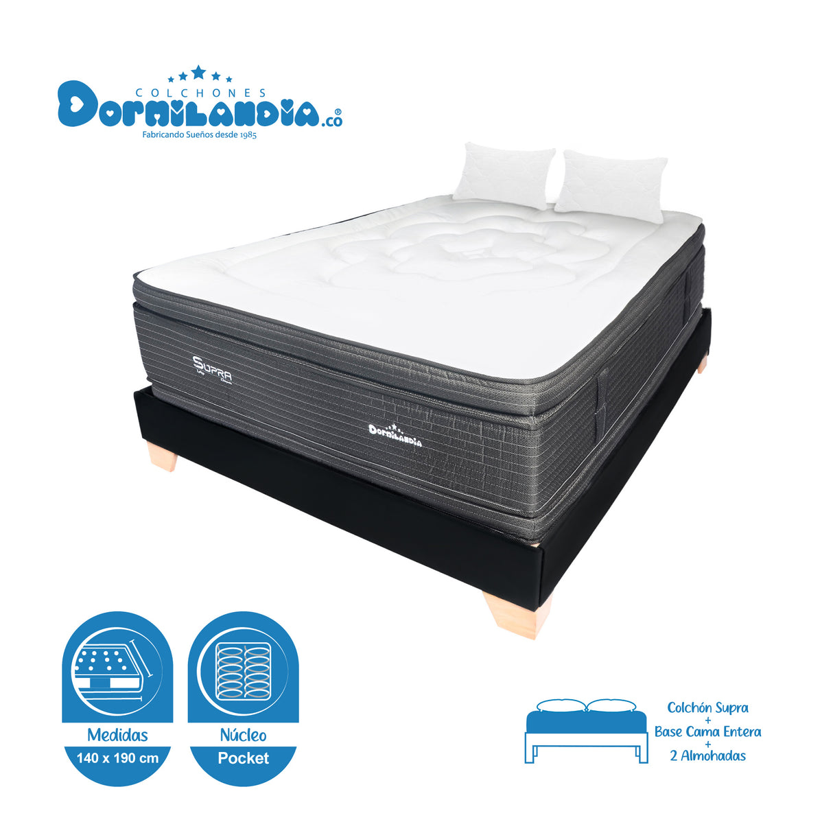 Combo Base Cama y Colchón Supra Negro Doble 140 X 190 Cm Firmeza Medio Doble Faz - COLCHONES | Bylmo