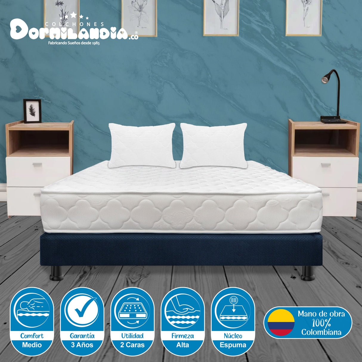 Combo Base Cama y Colchón Ultraflex Blanco y Azul Semidoble 120 X 190 Cm Firmeza Firme Doble Faz - COLCHONES | Bylmo