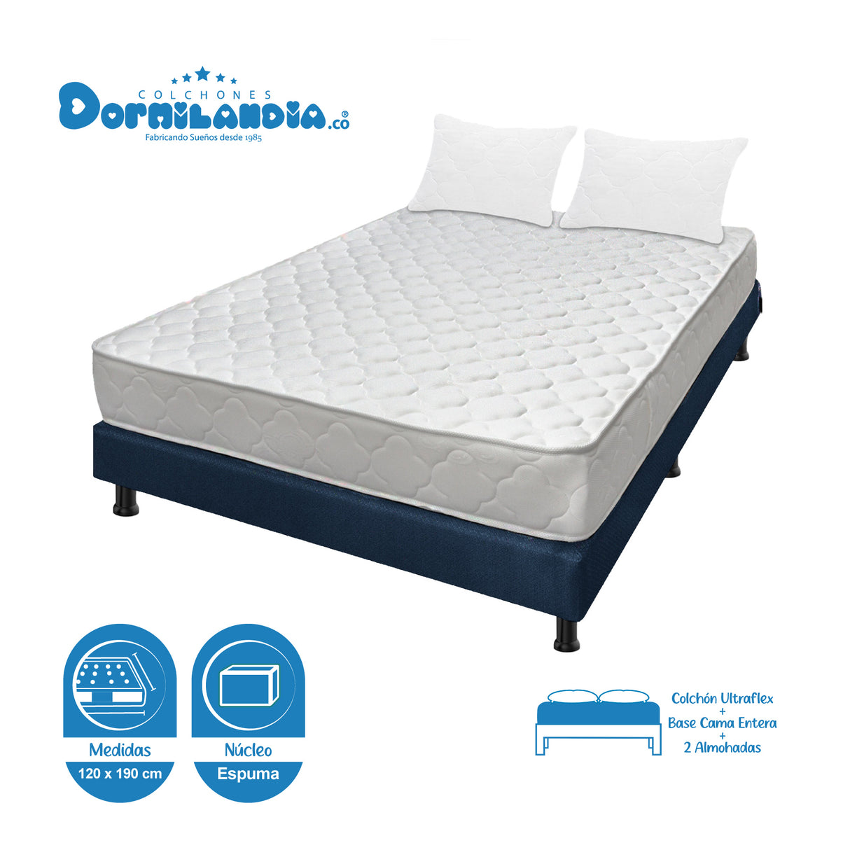 Combo Base Cama y Colchón Ultraflex Blanco y Azul Semidoble 120 X 190 Cm Firmeza Firme Doble Faz - COLCHONES | Bylmo