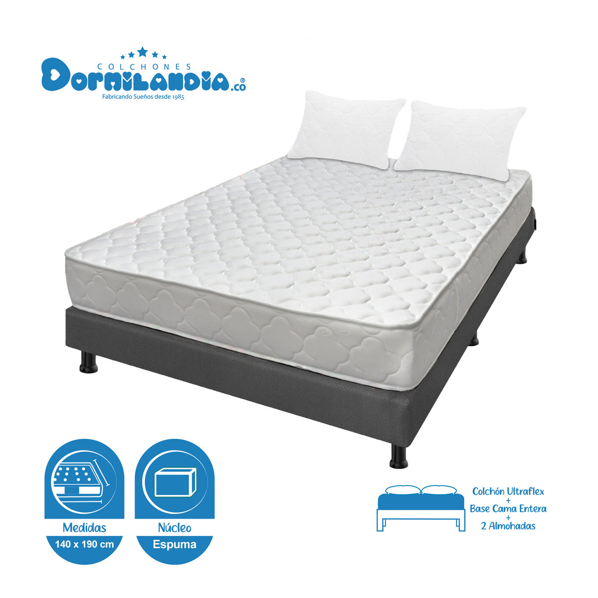 Combo Base Cama y Colchón Ultraflex Blanco y Gris Doble 140 X 190 Cm Firmeza Firme Doble Faz - COLCHONES | Bylmo