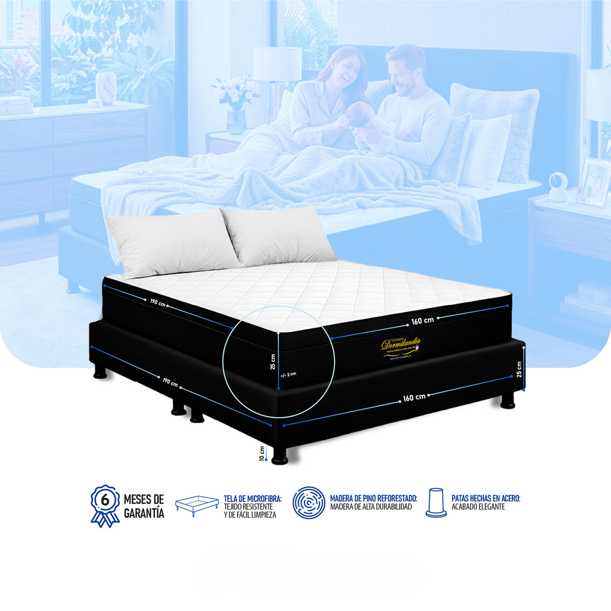 Combo Base Cama y Colchón Enrollado Versalles Blanco y Negro Queen 160 X 190 Cm Firmeza Medio - COLCHONES | Bylmo