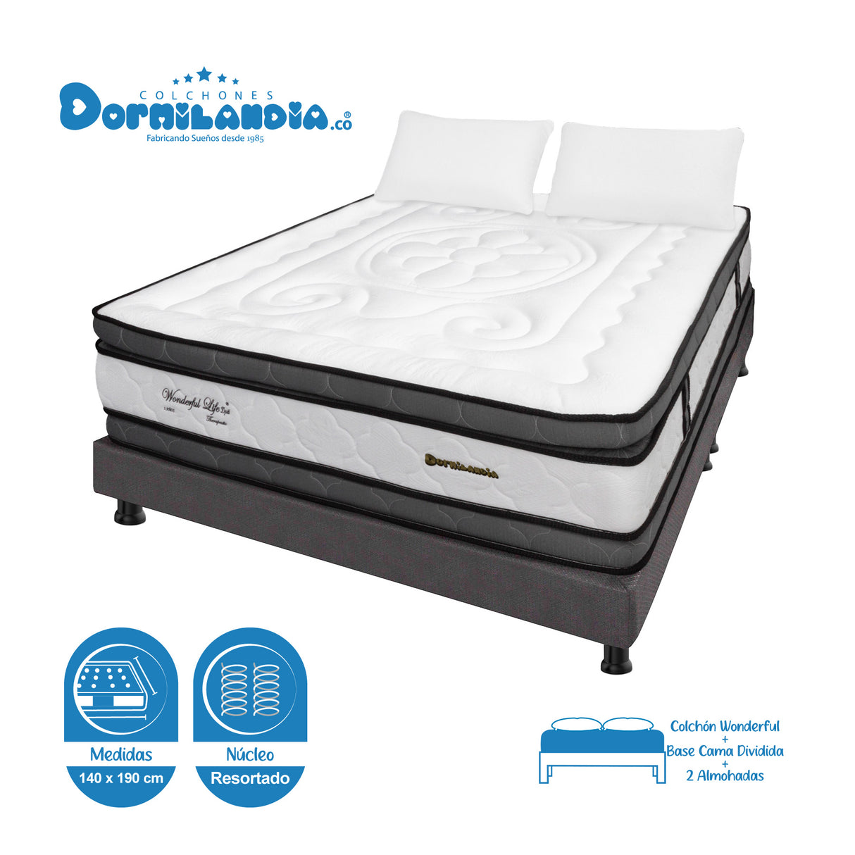 Combo Base Cama y Colchón Wonderful Blanco y Gris Doble 140 X 190 Cm Firmeza Medio Doble Faz - COLCHONES | Bylmo