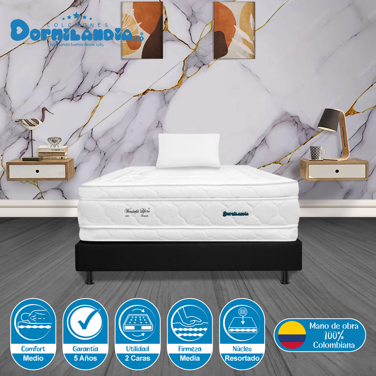 Combo Base Cama y Colchón Wonderful Blanco y Negro Sencillo 100 X 190 Cm Firmeza Medio Doble Faz - COLCHONES | Bylmo