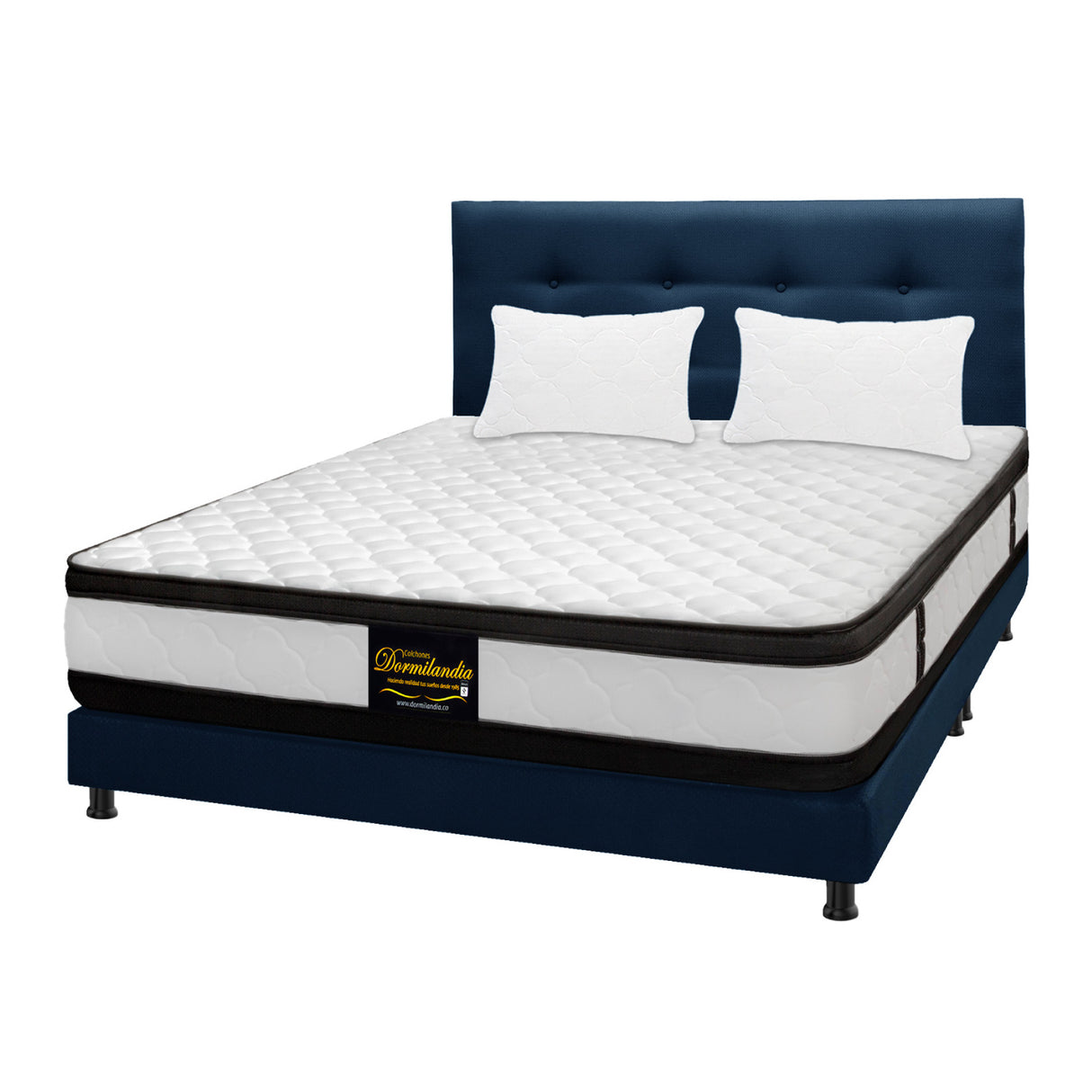 Combo Colchón Atenas Blanco y Azul Queen 160 X 190 Cm Firmeza Medio Doble Faz Con Cabecero y Base Cama - COLCHONES | Bylmo