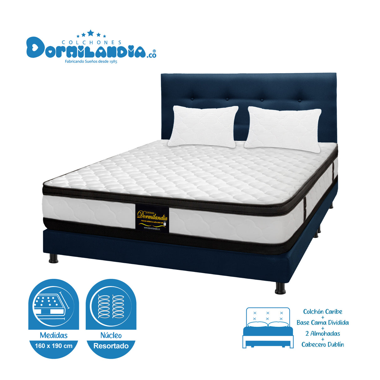 Combo Colchón Atenas Blanco y Azul Queen 160 X 190 Cm Firmeza Medio Doble Faz Con Cabecero y Base Cama - COLCHONES | Bylmo