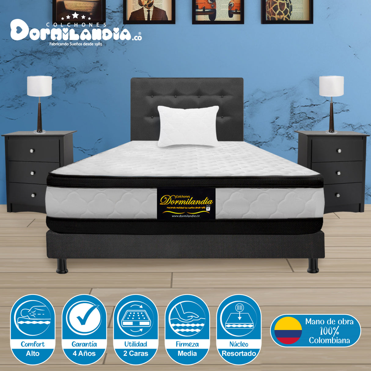 Combo Colchón Atenas Blanco y Gris Sencillo 100 X 190 Cm Firmeza Medio Doble Faz Con Cabecero y Base Cama - COLCHONES | Bylmo