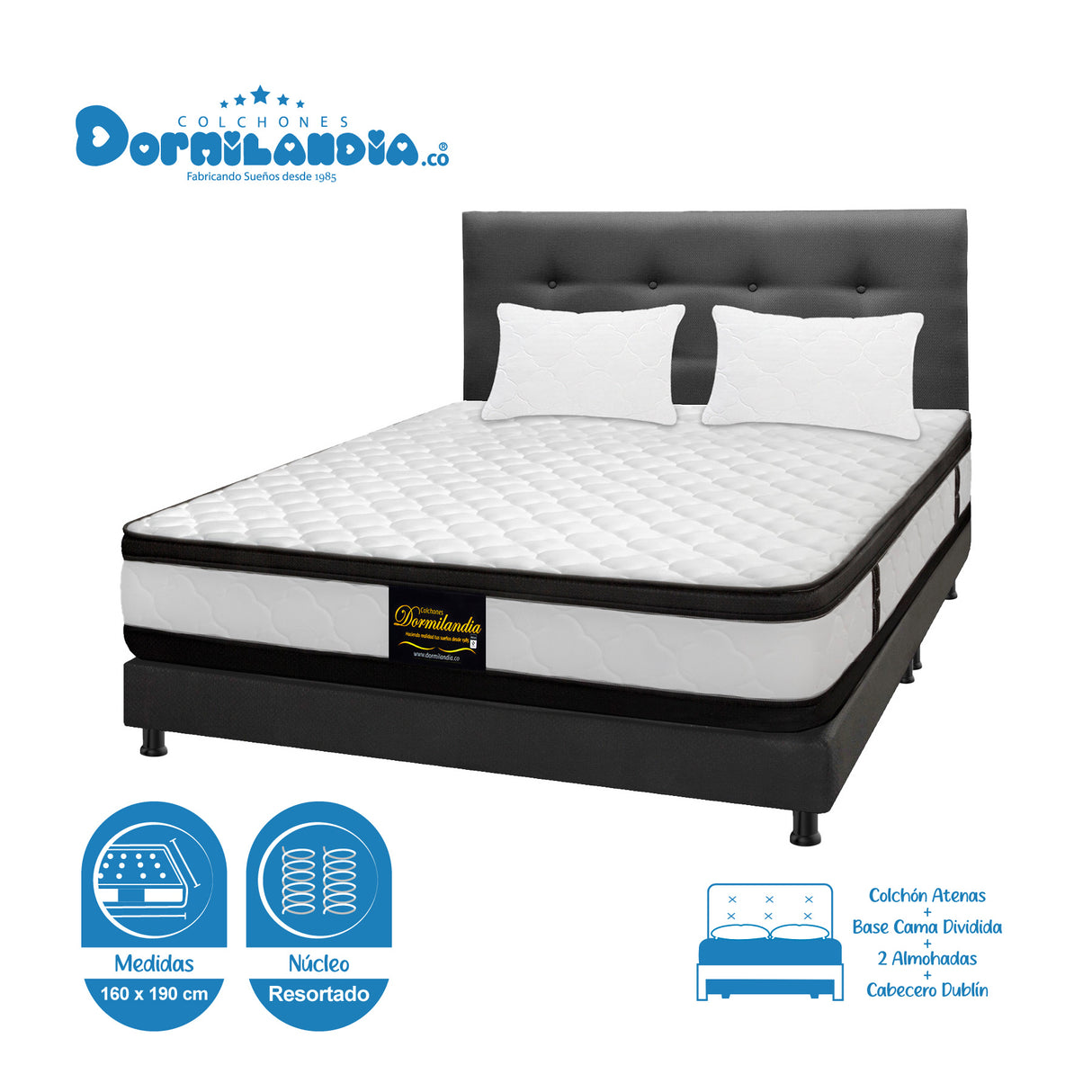 Combo Colchón Atenas Blanco y Gris Queen 160 X 190 Cm Firmeza Medio Doble Faz Con Cabecero y Base Cama - COLCHONES | Bylmo