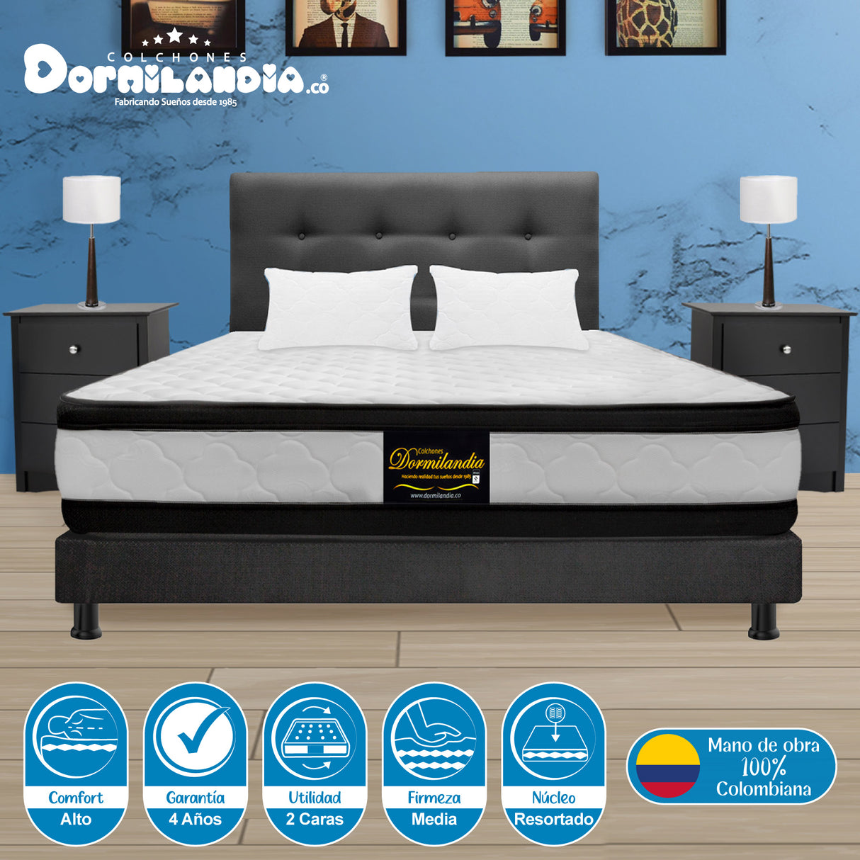 Combo Colchón Atenas Blanco y Gris King 200 X 200 Cm Firmeza Medio Doble Faz Con Cabecero y Base Cama - COLCHONES | Bylmo