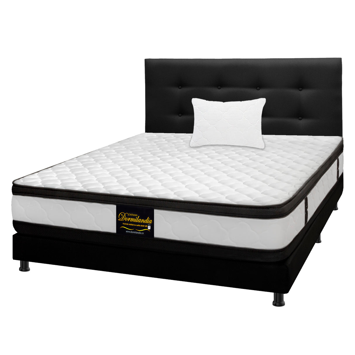 Combo Colchón Atenas Blanco y Negro Sencillo 100 X 190 Cm Firmeza Medio Doble Faz Con Cabecero y Base Cama - COLCHONES | Bylmo