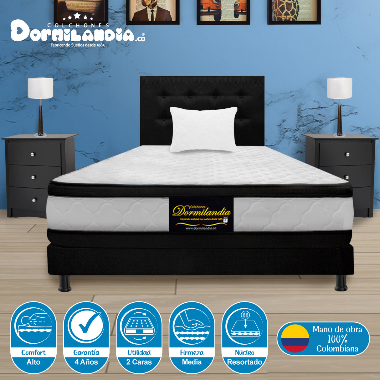 Combo Colchón Atenas Blanco y Negro Sencillo 100 X 190 Cm Firmeza Medio Doble Faz Con Cabecero y Base Cama - COLCHONES | Bylmo