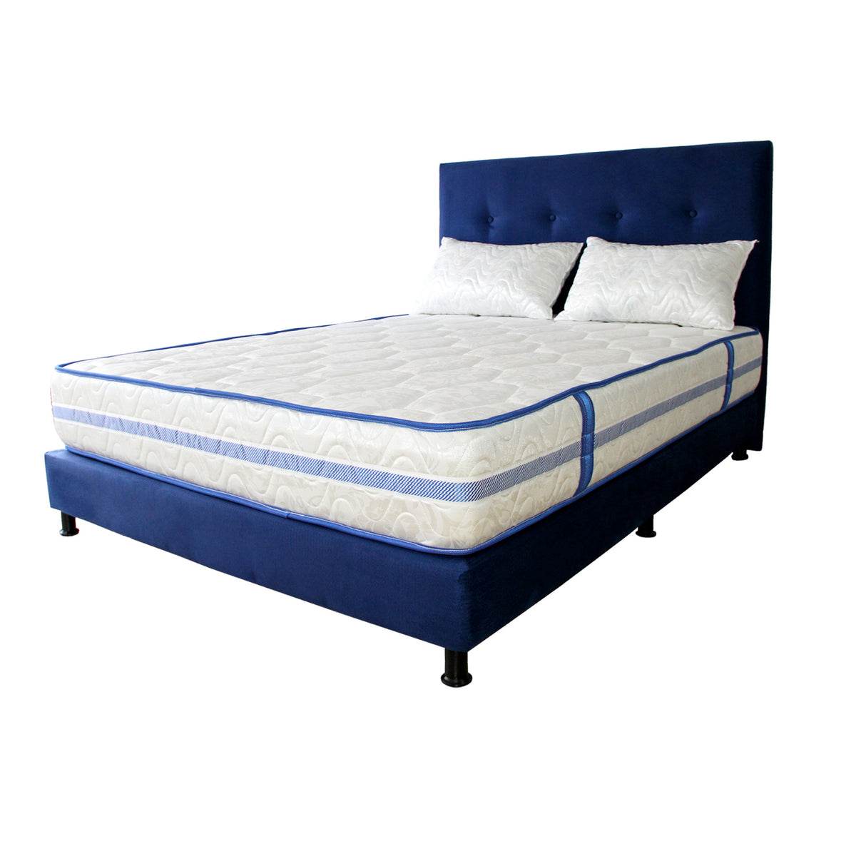 Combo Colchón Caribe Blanco y Azul Doble 140 X 190 Cm Firmeza Suave Doble Faz Con Cabecero y Base Cama - COLCHONES | Bylmo