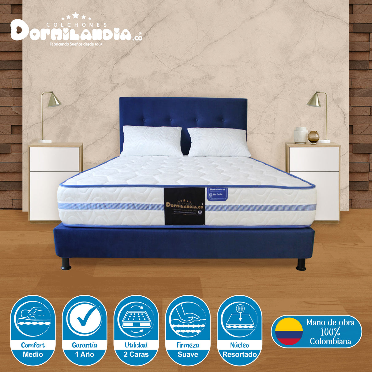 Combo Colchón Caribe Blanco y Azul Queen 160 X 190 Cm Firmeza Suave Doble Faz Con Cabecero y Base Cama - COLCHONES | Bylmo