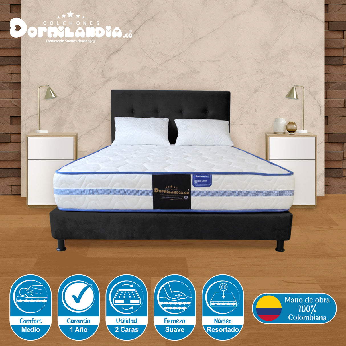 Combo Colchón Caribe Blanco y Negro Doble 140 X 190 Cm Firmeza Suave Doble Faz Con Cabecero y Base Cama - COLCHONES | Bylmo