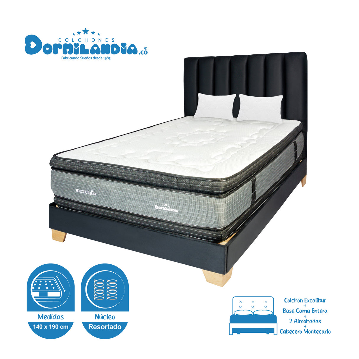 Combo Colchón Excalibur Gris y Arena Doble 140 X 190 Cm Firmeza Medio Doble Faz Con Cabecero y Base Cama - COLCHONES | Bylmo