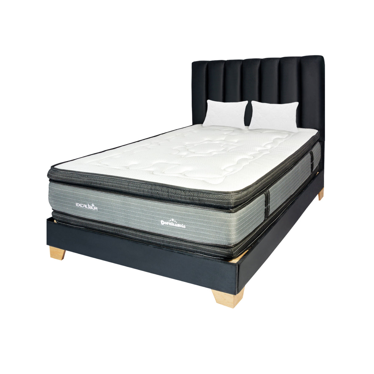 Combo Colchón Excalibur Gris y Arena Queen 160 X 190 Cm Firmeza Medio Doble Faz Con Cabecero y Base Cama - COLCHONES | Bylmo