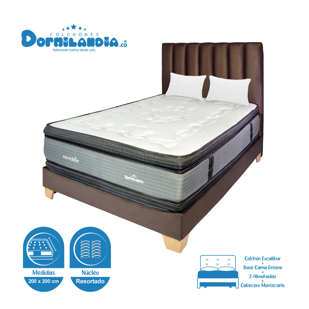 Combo Colchón Excalibur Gris y Azul King 200 X 200 Cm Firmeza Medio Doble Faz Con Cabecero y Base Cama - COLCHONES | Bylmo