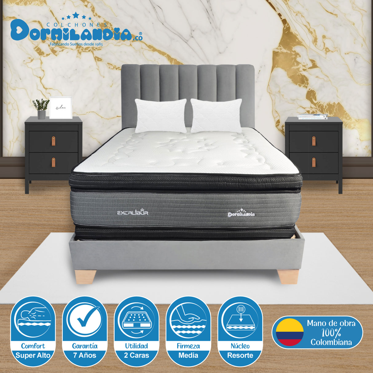 Combo Colchón Excalibur Gris y Cafe Semidoble 120 X 190 Cm Firmeza Medio Doble Faz Con Cabecero y Base Cama - COLCHONES | Bylmo