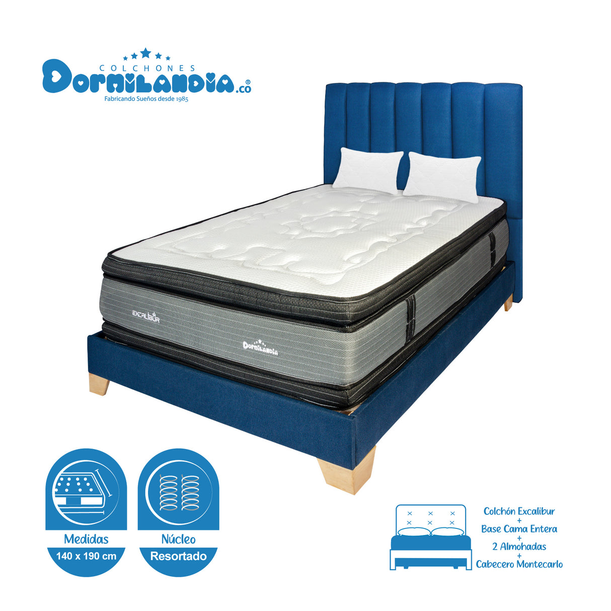 Combo Colchón Excalibur Gris y Negro Doble 140 X 190 Cm Firmeza Medio Doble Faz Con Cabecero y Base Cama - COLCHONES | Bylmo