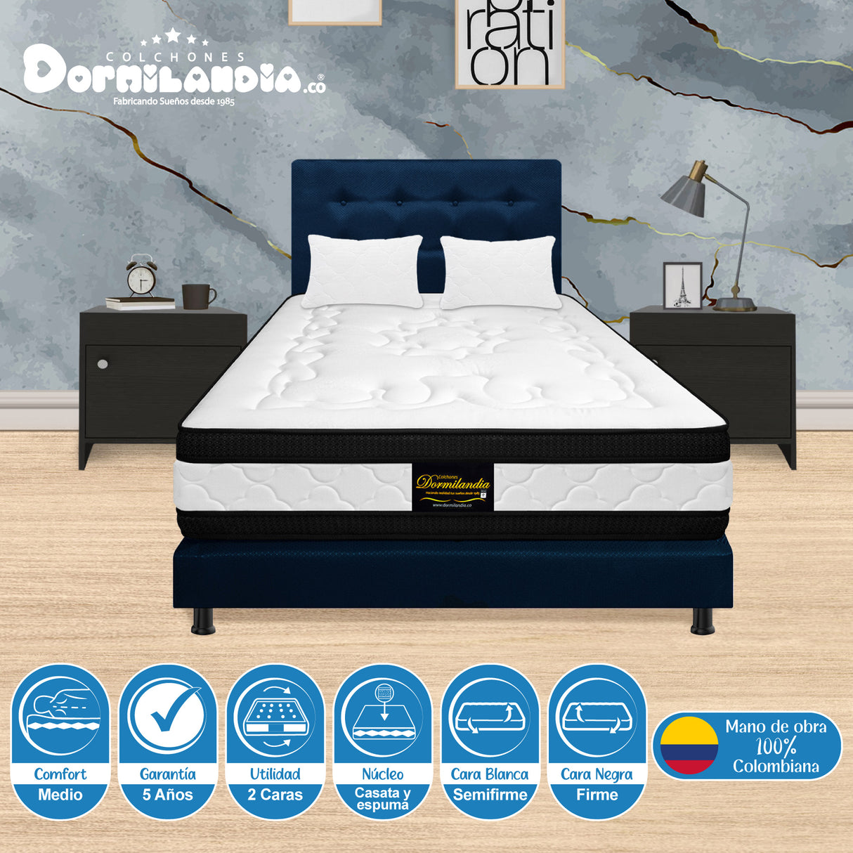 Combo Colchón Casata Blanco y Azul King 200 X 200 Cm Firmeza Medio Firme Doble Faz Con Cabecero y Base Cama - COLCHONES | Bylmo