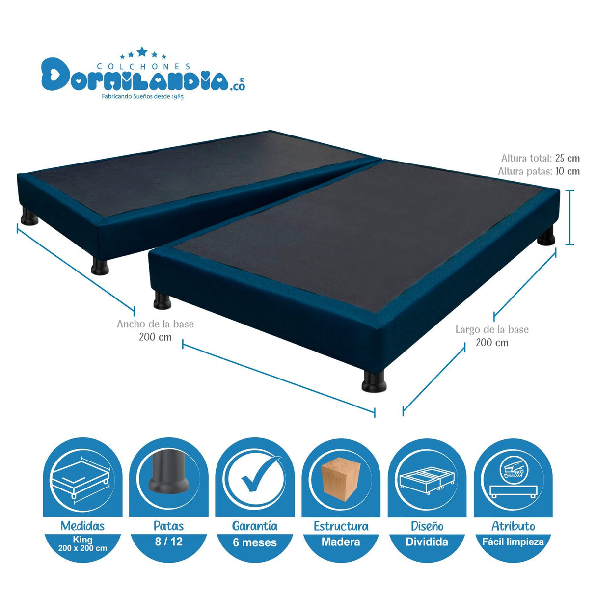 Combo Colchón Casata Blanco y Azul King 200 X 200 Cm Firmeza Medio Firme Doble Faz Con Cabecero y Base Cama - COLCHONES | Bylmo