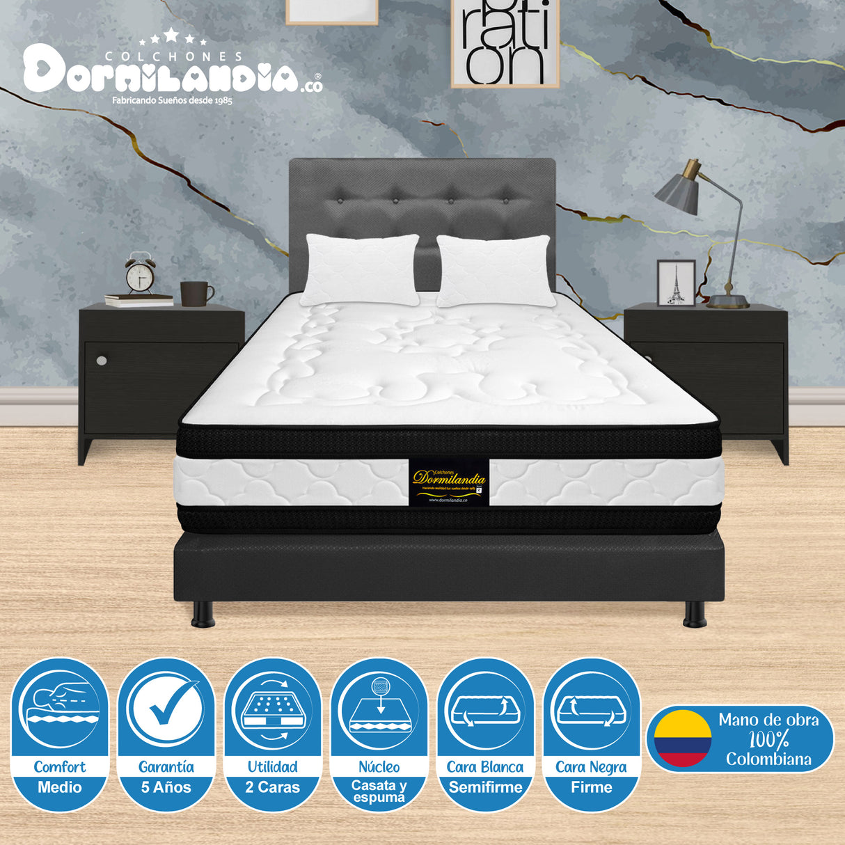 Combo Colchón Casata Blanco y Gris Queen 160 X 190 Cm Firmeza Medio Firme Doble Faz Con Cabecero y Base Cama - COLCHONES | Bylmo