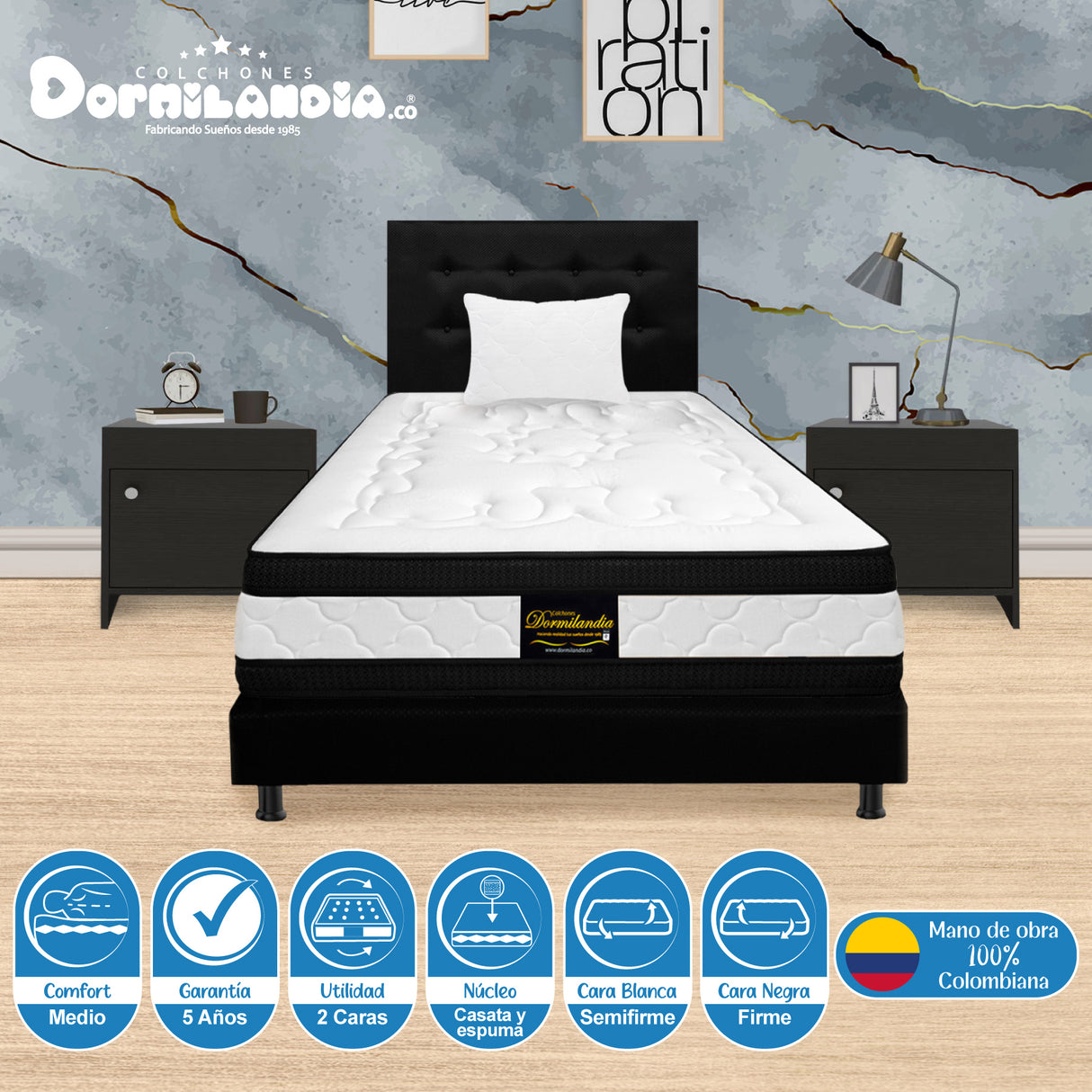 Combo Colchón Casata Blanco y Negro Sencillo 100 X 190 Cm Firmeza Medio Firme Doble Faz Con Cabecero y Base Cama - COLCHONES | Bylmo