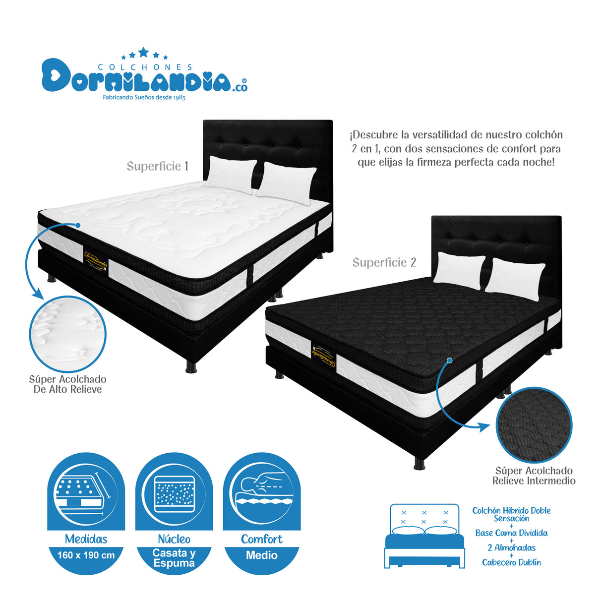 Combo Colchón Casata Blanco y Negro Queen 160 X 190 Cm Firmeza Medio Firme Doble Faz Con Cabecero y Base Cama - COLCHONES | Bylmo