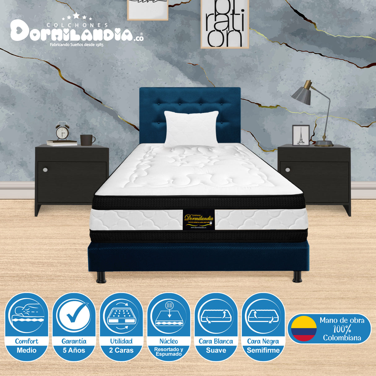 Combo Colchón Blanco y Azul Sencillo 100 X 190 Cm Firmeza Medio Suave Doble Faz Con Cabecero y Base Cama - COLCHONES | Bylmo