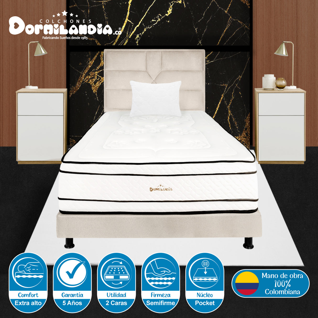 Combo Colchón Infinity Blanco y Arena Sencillo 100 X 190 Cm Firmeza Medio Firme Doble Faz Con Cabecero y Base Cama - COLCHONES | Bylmo