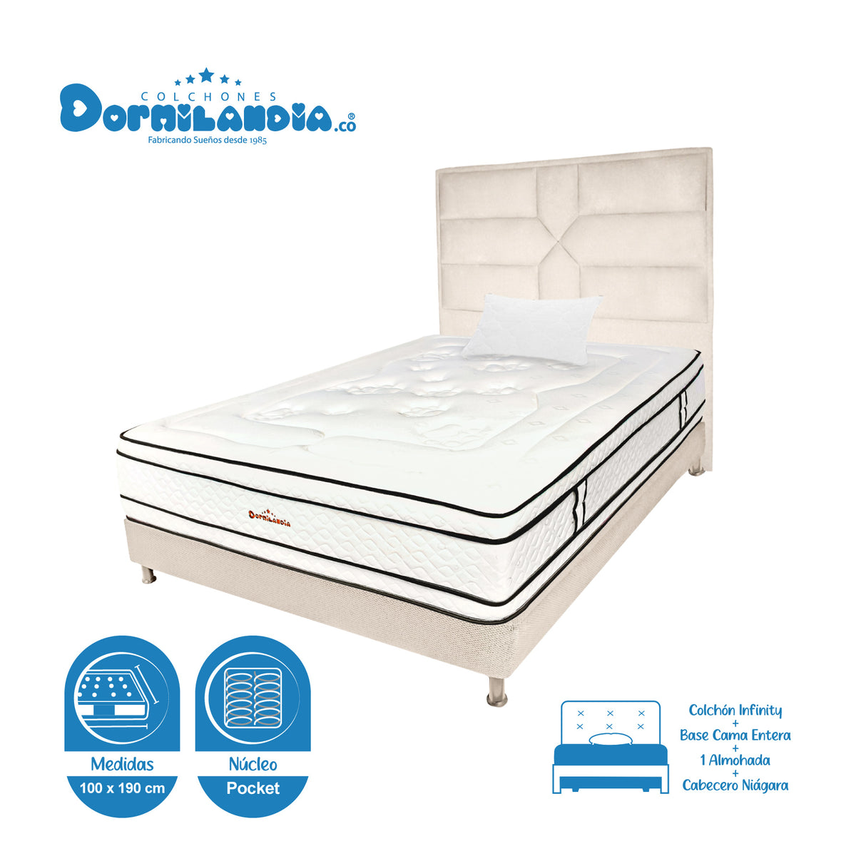 Combo Colchón Infinity Blanco y Arena Sencillo 100 X 190 Cm Firmeza Medio Firme Doble Faz Con Cabecero y Base Cama - COLCHONES | Bylmo