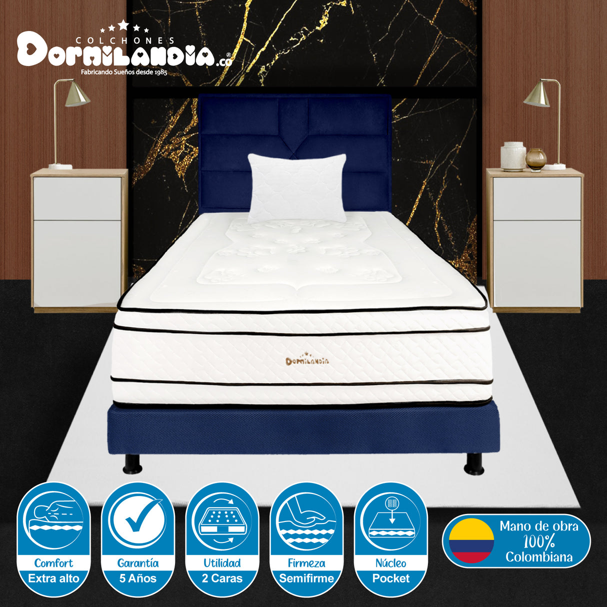 Combo Colchón Infinity Blanco y Azul Sencillo 100 X 190 Cm Firmeza Medio Firme Doble Faz Con Cabecero y Base Cama - COLCHONES | Bylmo