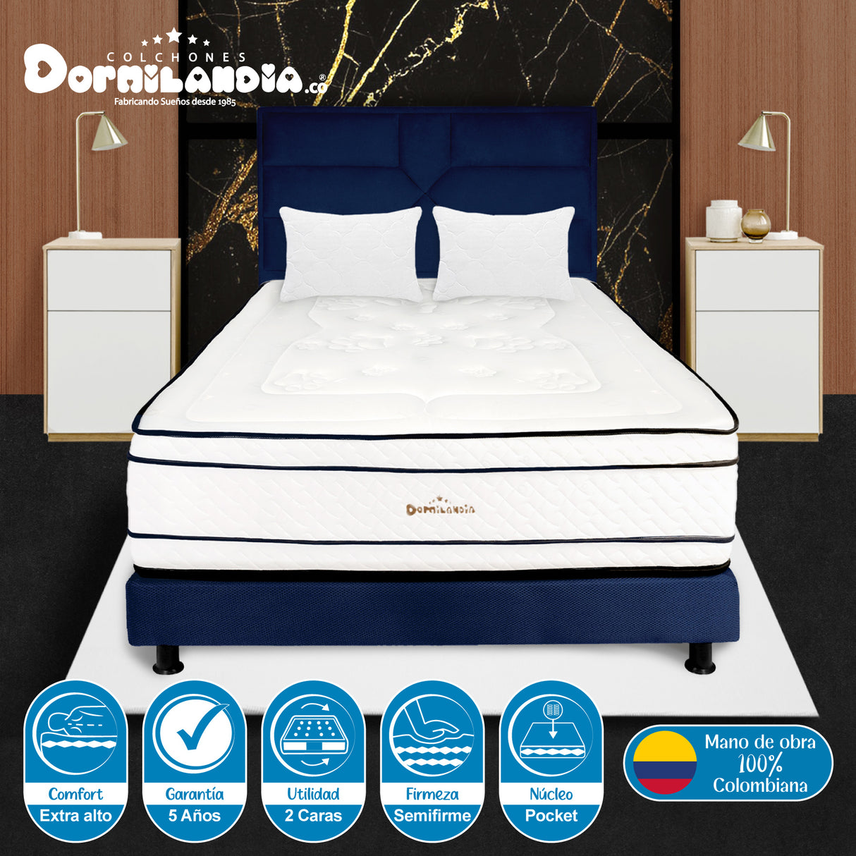 Combo Colchón Infinity Blanco y Azul Queen 160 X 190 Cm Firmeza Medio Firme Doble Faz Con Cabecero y Base Cama - COLCHONES | Bylmo