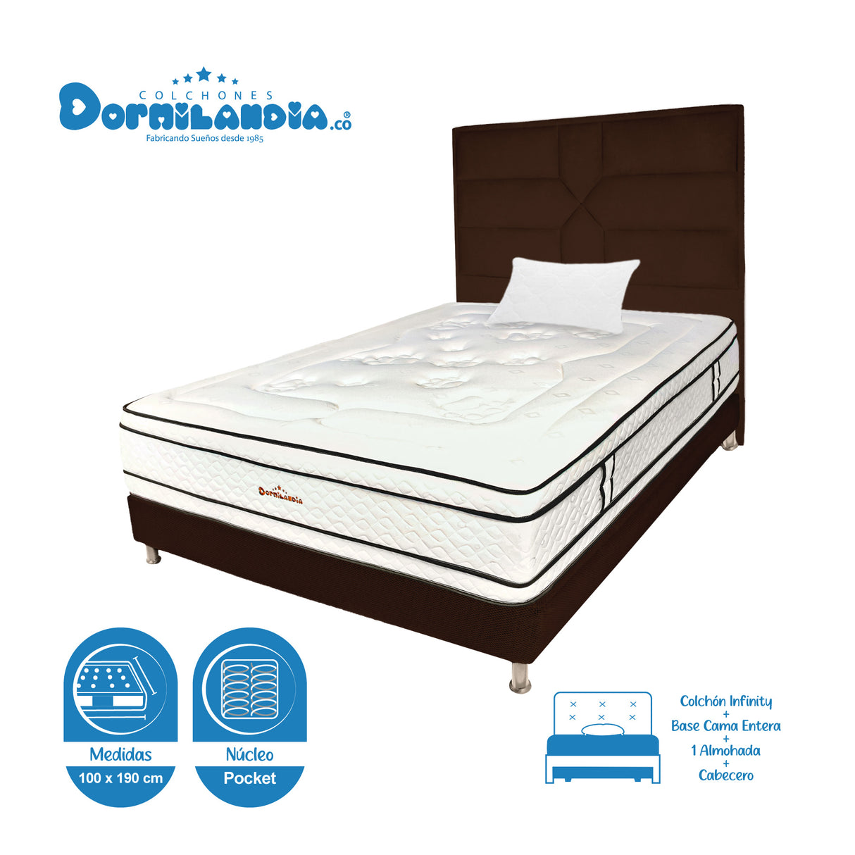Combo Colchón Infinity Blanco y Cafe Sencillo 100 X 190 Cm Firmeza Medio Firme Doble Faz Con Cabecero y Base Cama - COLCHONES | Bylmo