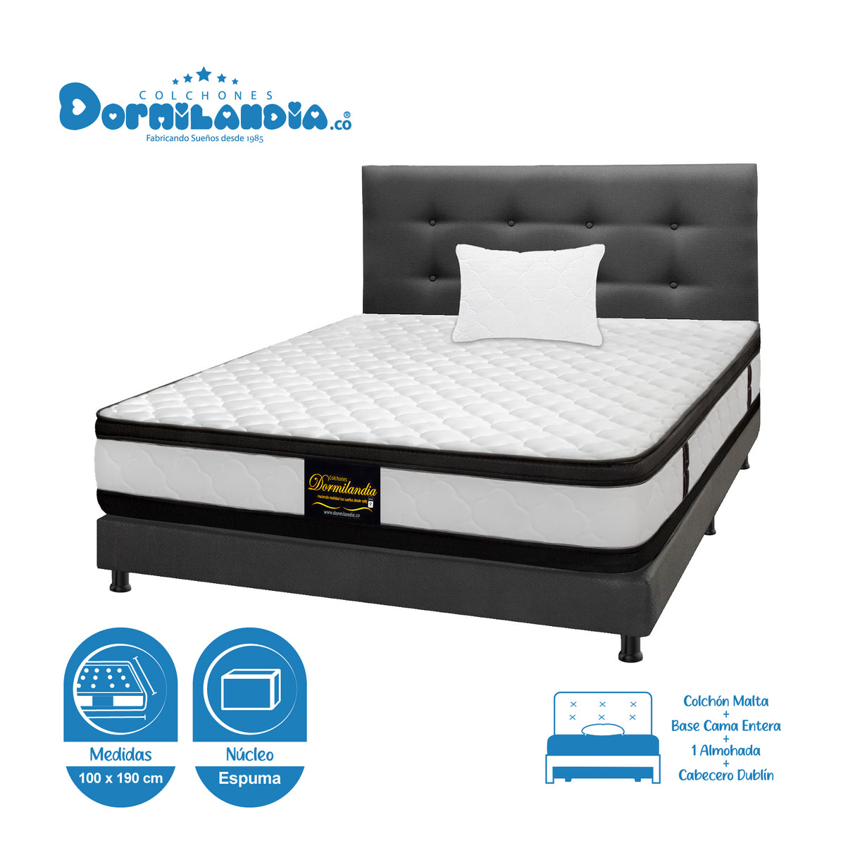 Combo Colchón Malta Blanco y Gris Sencillo 100 X 190 Cm Firmeza Firme Doble Faz Con Cabecero y Base Cama - COLCHONES | Bylmo