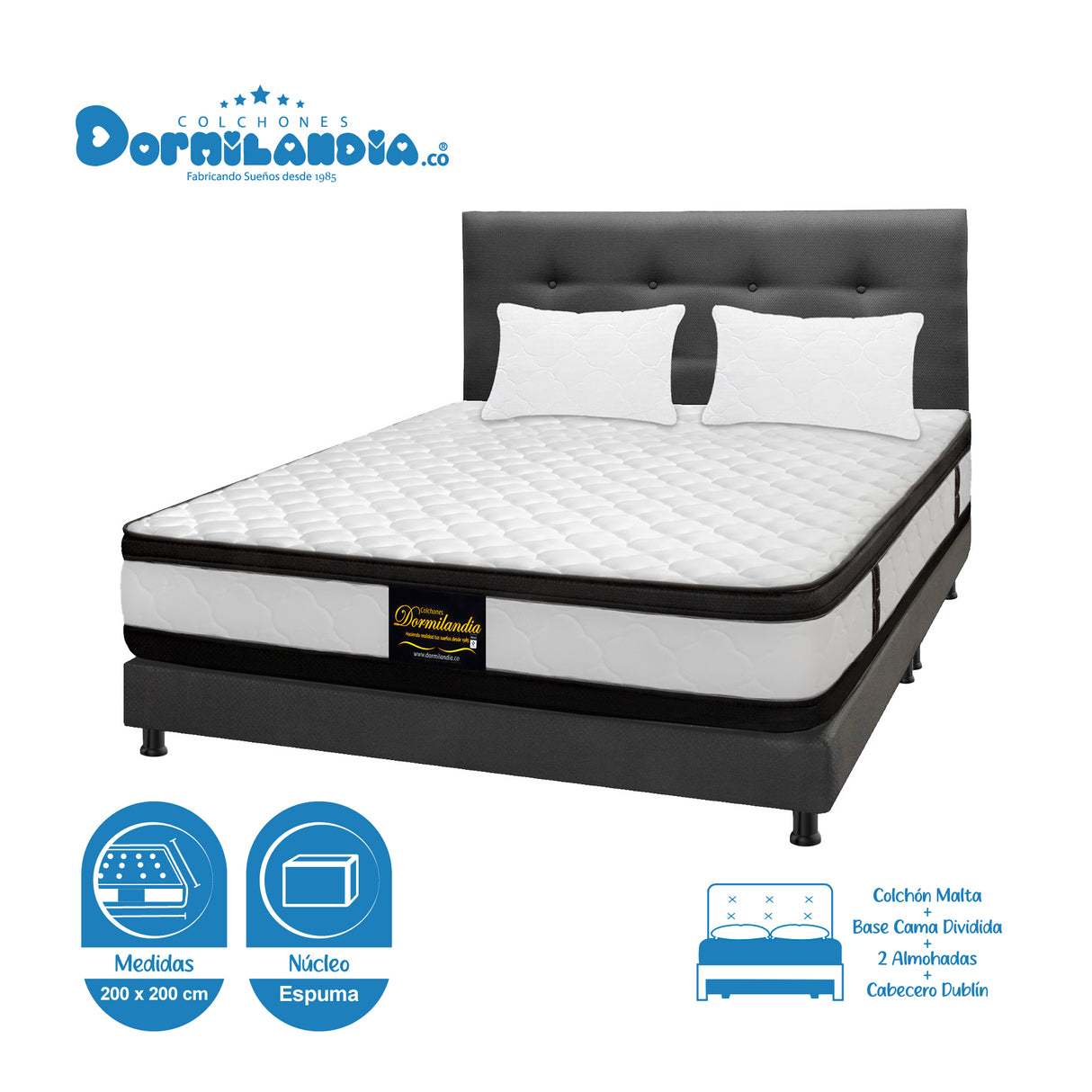 Combo Colchón Malta Blanco y Gris King 200 X 200 Cm Firmeza Firme Doble Faz Con Cabecero y Base Cama - COLCHONES | Bylmo